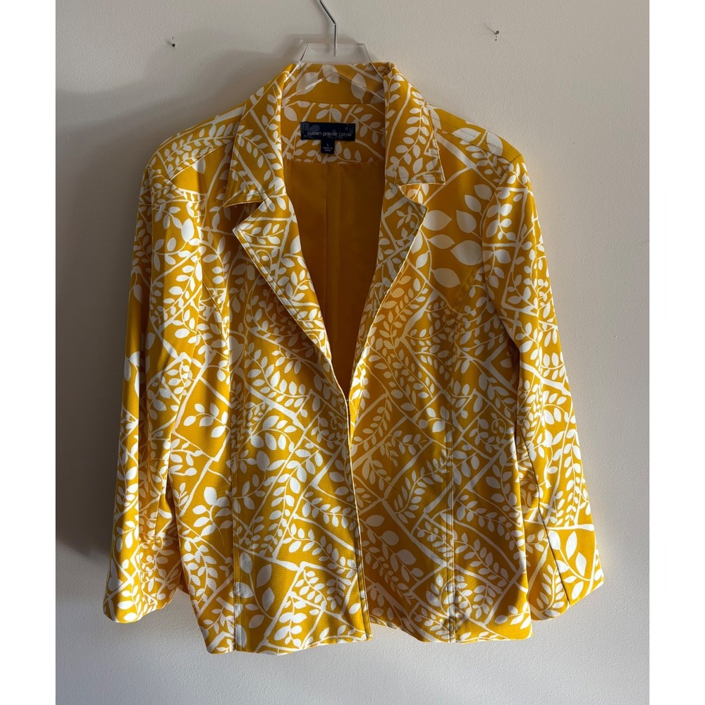 Susan Graver Style Yellow White Leaf Print Blazer Jacket Womens Large Lined